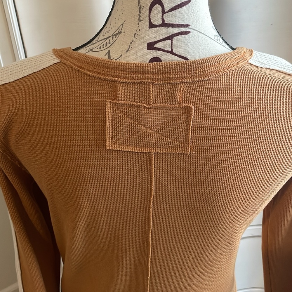 We the Free Free People Tasha Thermal Ochre Combo Waffle Knit Snap Cuff Top - Picture 8 of 12